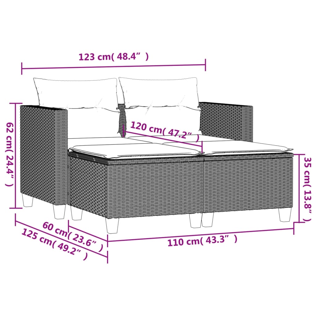 2-personers havesofa med skamler polyrattan beige