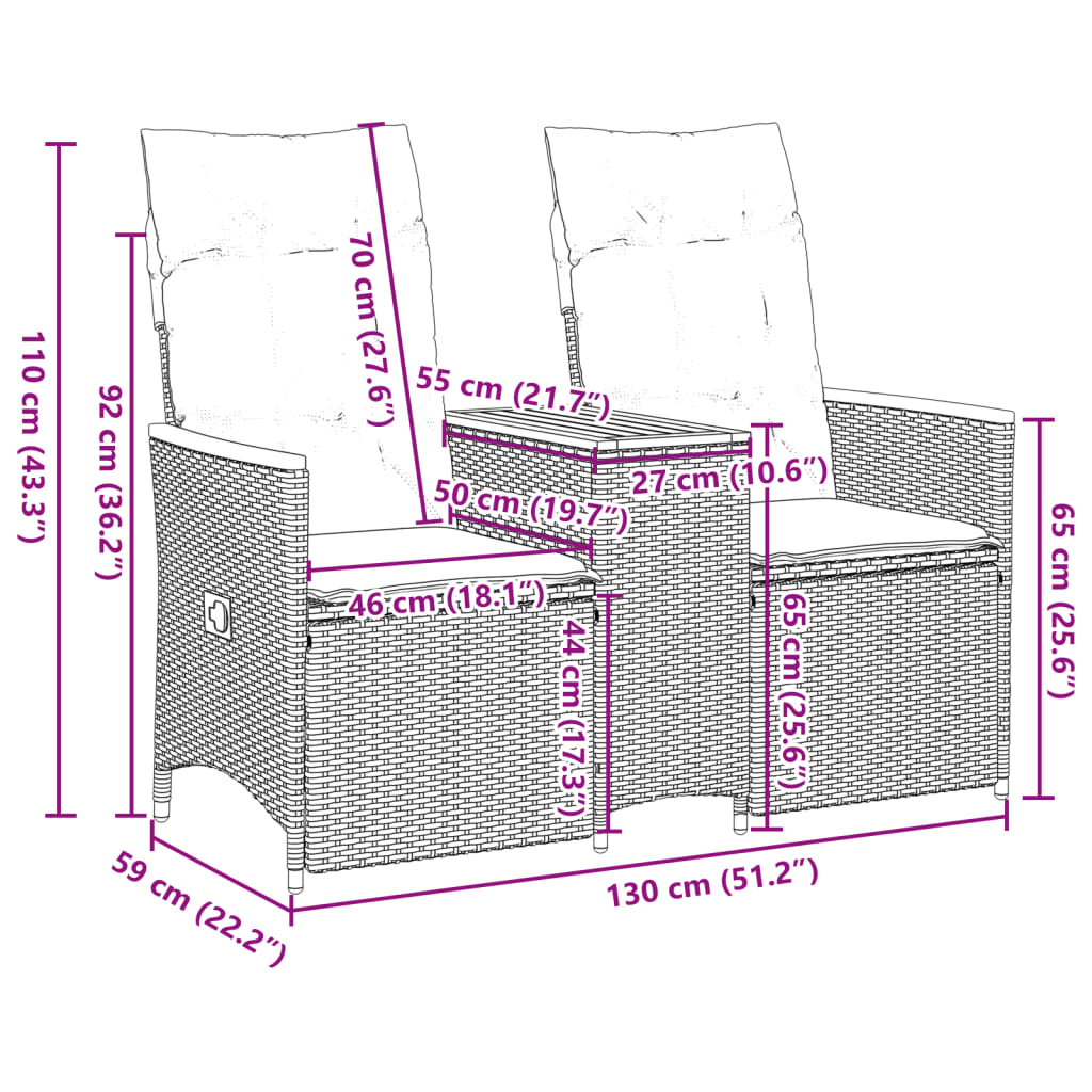 2-personers havesofa med bord og lænefunktion polyrattan sort