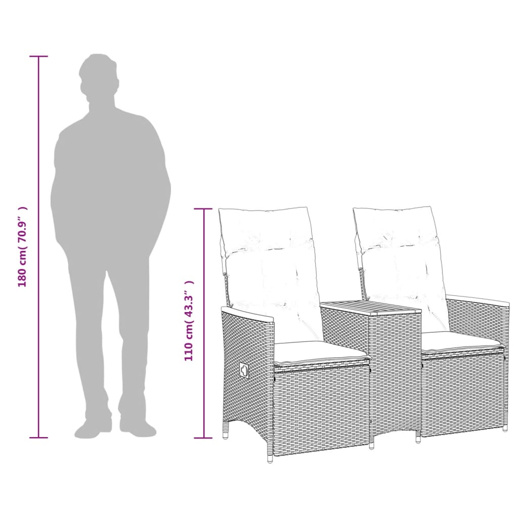 2-personers havesofa med bord og lænefunktion polyrattan sort