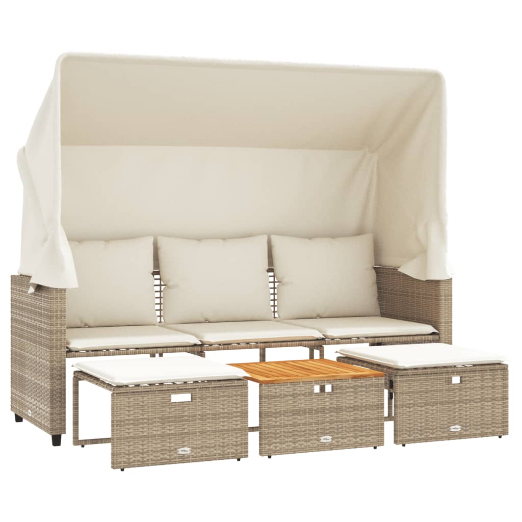 3-personers havesofa med baldakin og skamler polyrattan beige