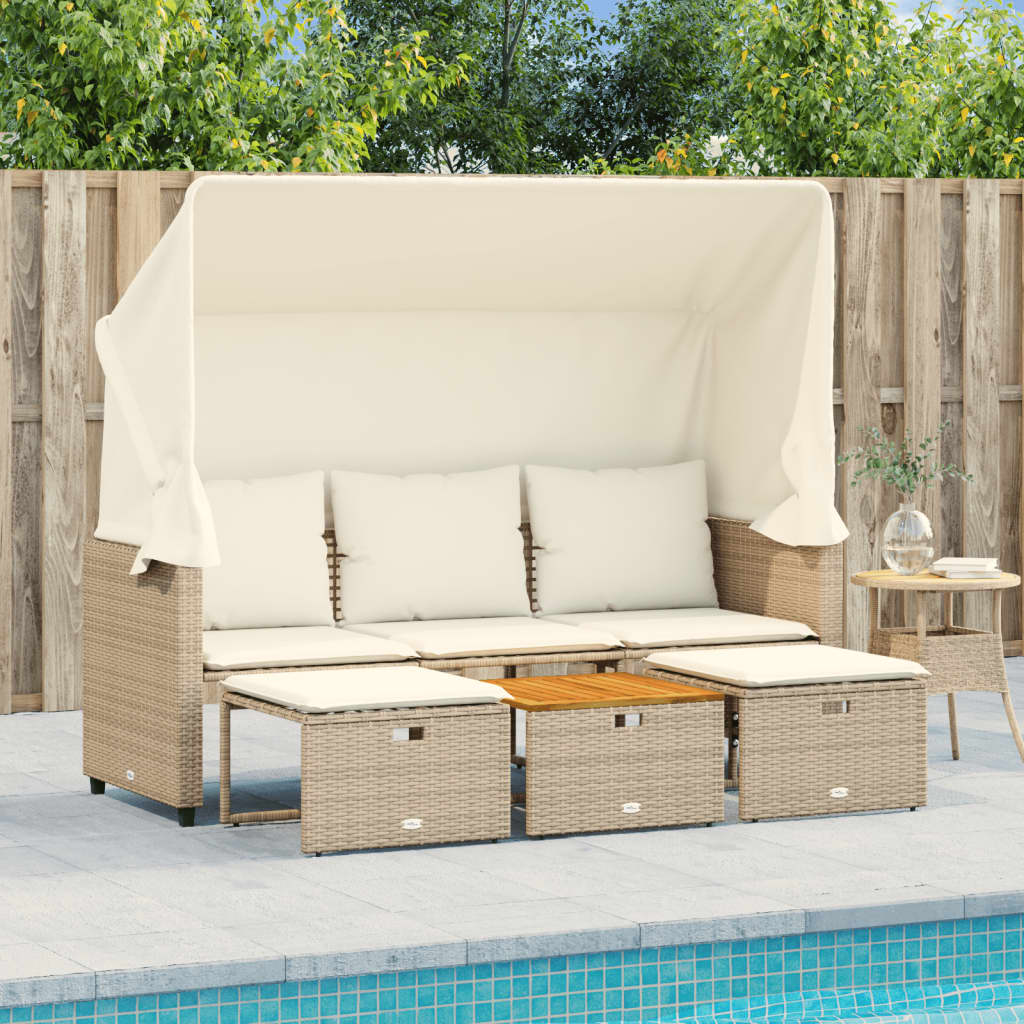 3-personers havesofa med baldakin og skamler polyrattan beige