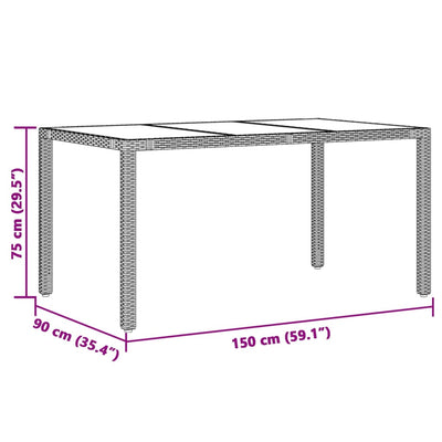 havebord med glastop 150x90x75 cm polyrattan grå