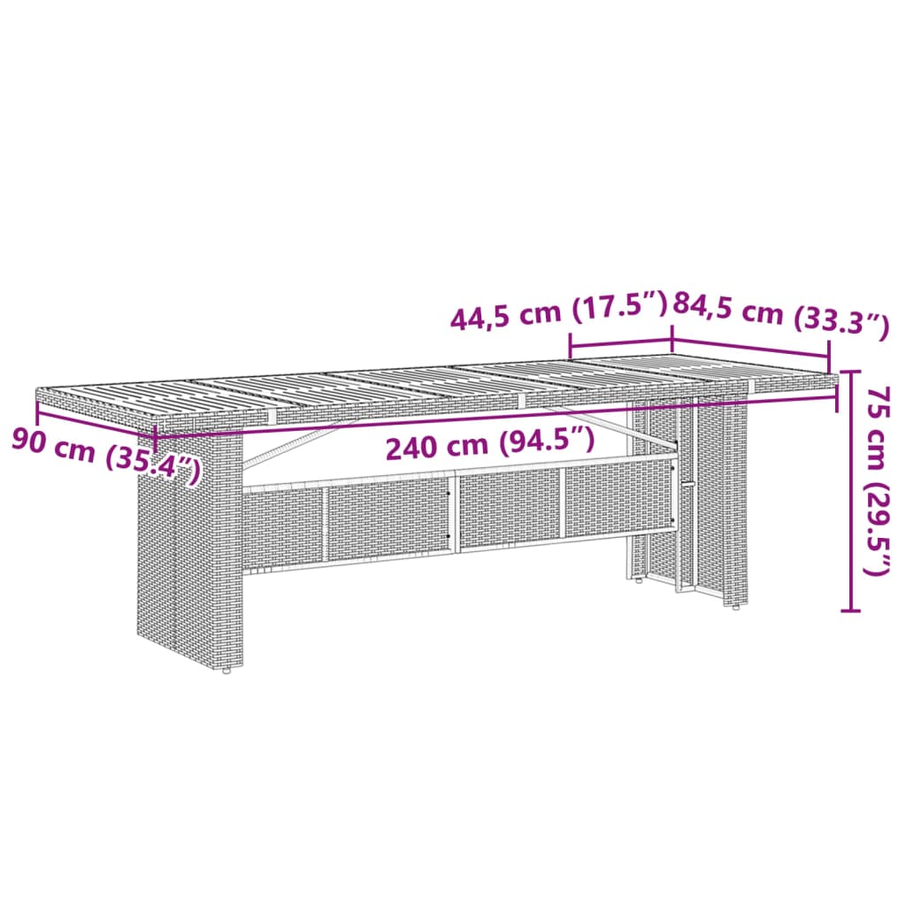 havebord med akacietop 240x90x75 cm polyrattan sort