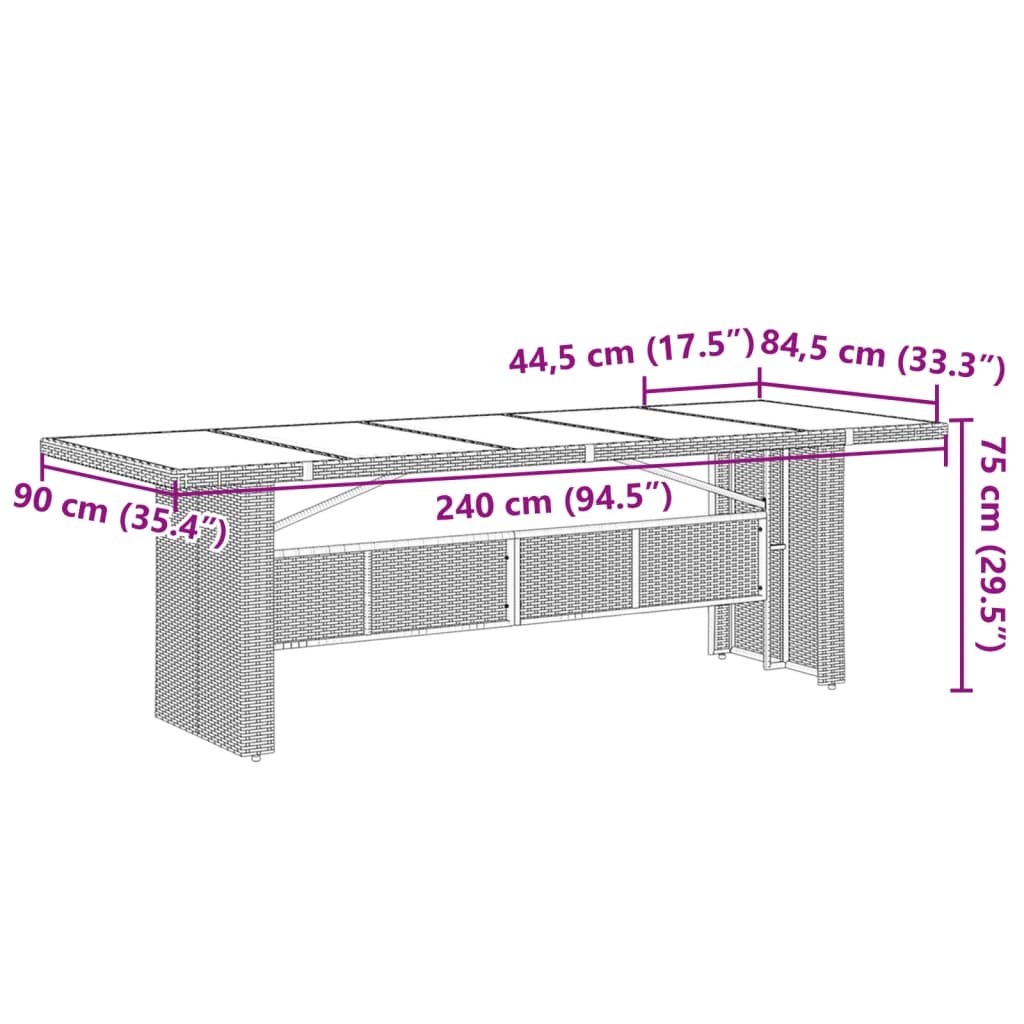 havebord med glastop 240x90x75 cm polyrattan sort