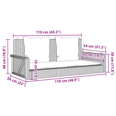 gyngebænk med hynder 119x56x48 cm polyrattan brun