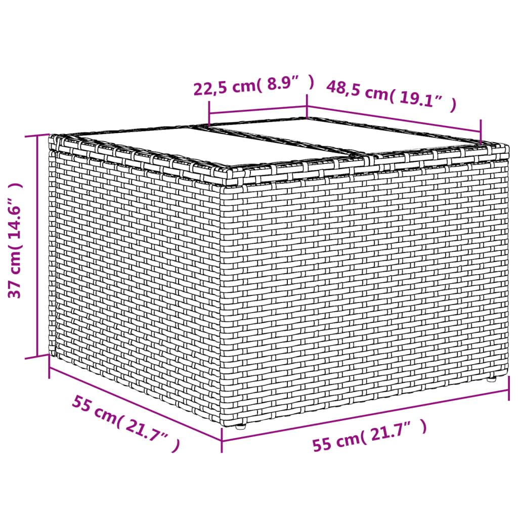 havebord med glastop 55x55x37 cm polyrattan sort