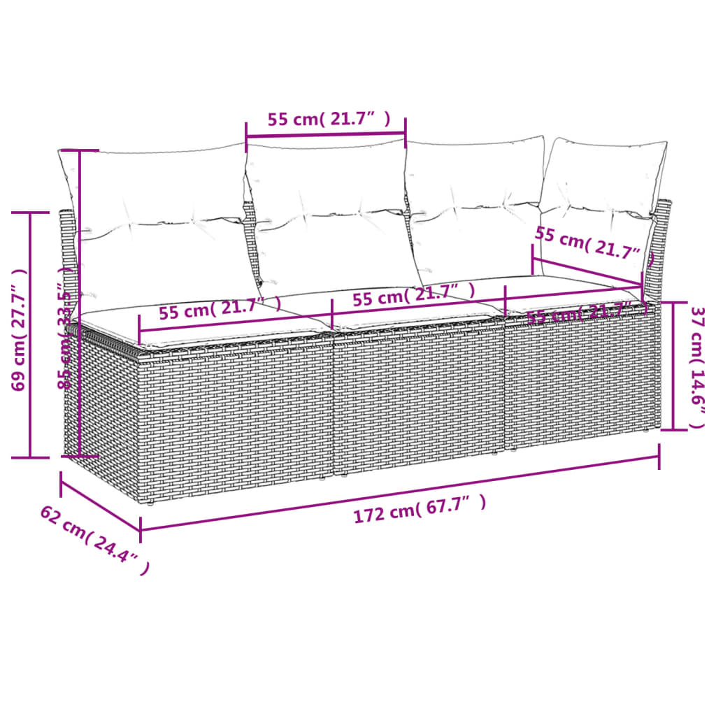 3-personers havesofa med hynder polyrattan sort