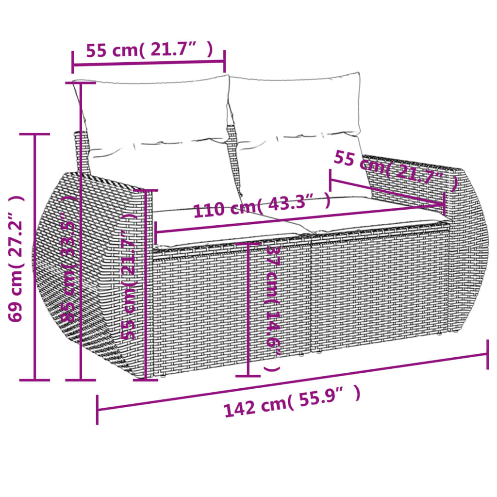 2-personers havesofa med hynder polyrattan sort