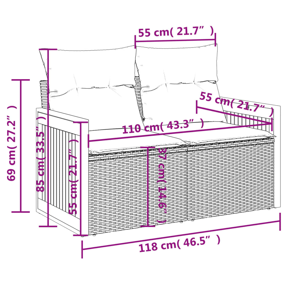 2-personers havesofa med hynder polyrattan sort