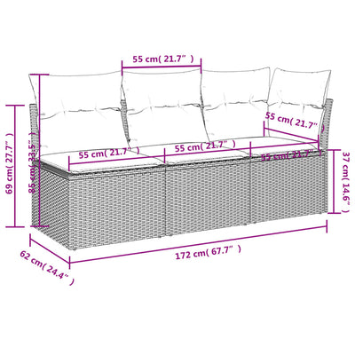 3-personers havesofa med hynder polyrattan grå