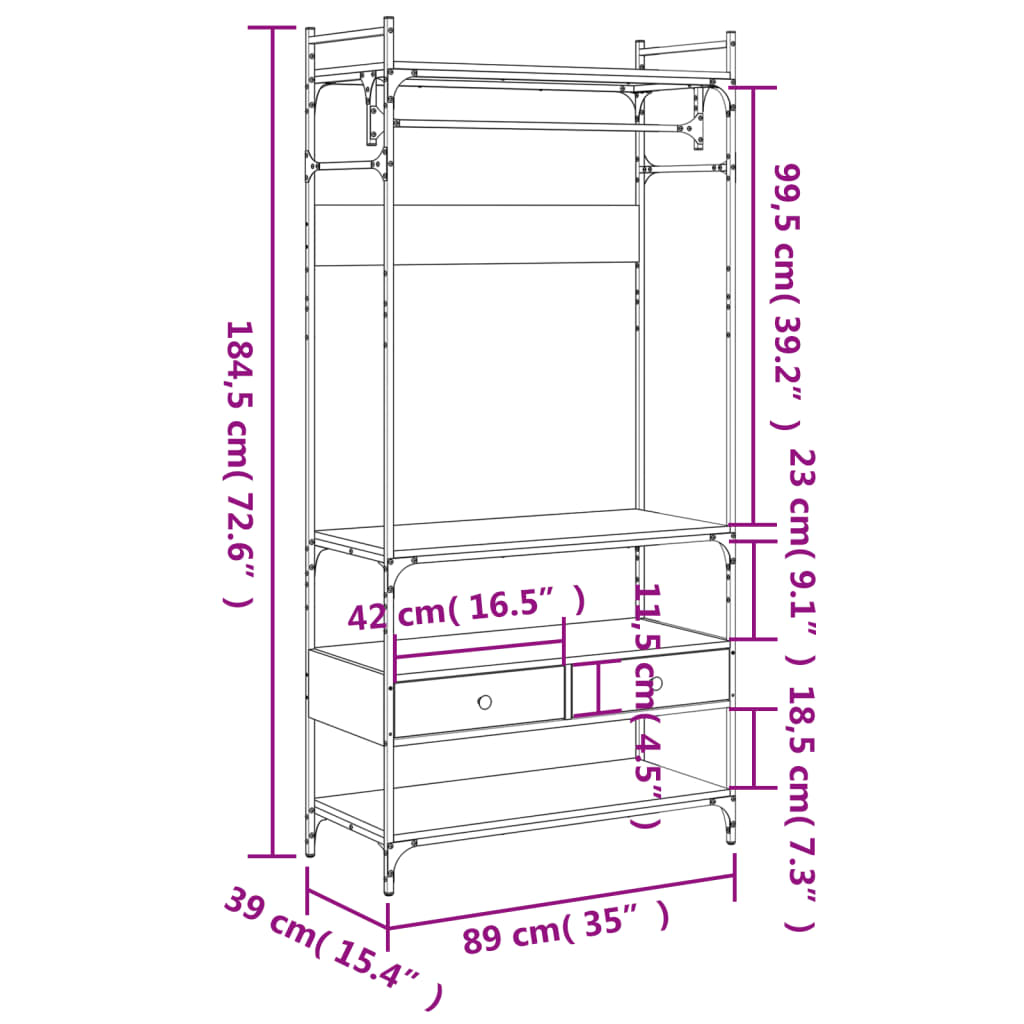 klædeskab med skuffer 89x39x184,5 cm konstrueret træ sonoma-eg