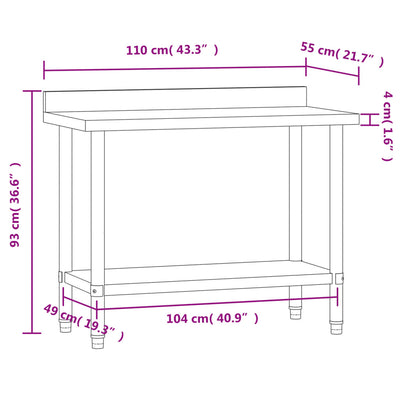 arbejdsbord til køkken m. stænkplade 110x55x93 cm rustfrit stål