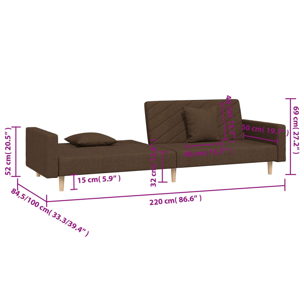 2-personers sovesofa med 2 puder stof brun