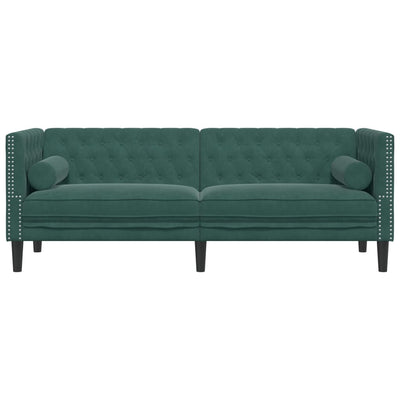 3-personers Chesterfield-sofa med bolsterpuder fløjl mørkegrøn