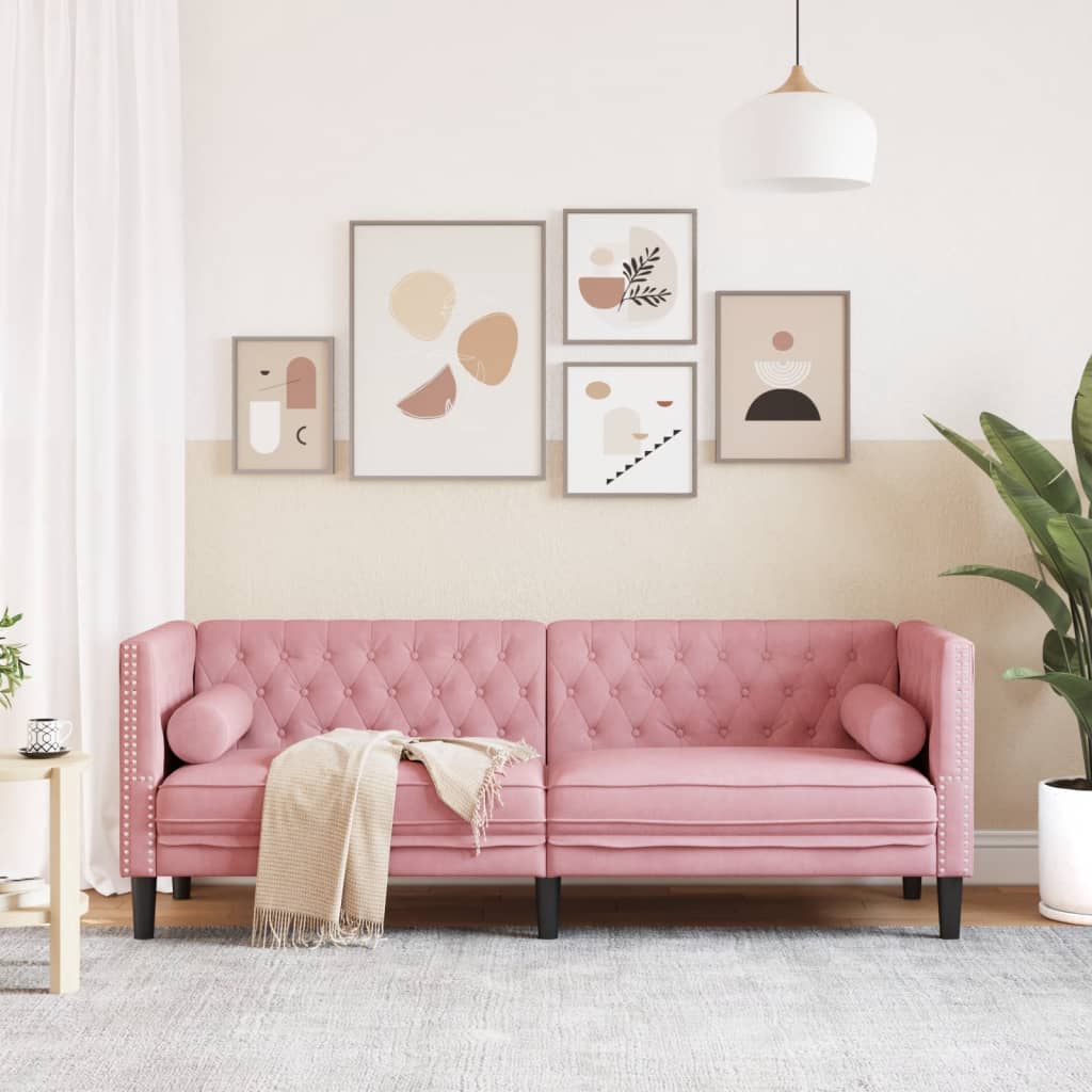 3-personers Chesterfield-sofa med bolsterpuder fløjl pink