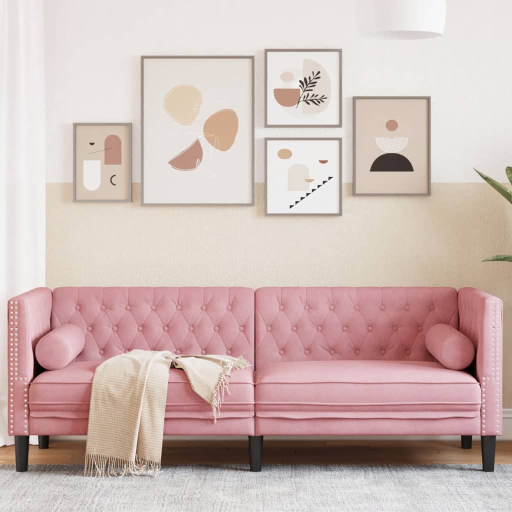 3-personers Chesterfield-sofa med bolsterpuder fløjl pink