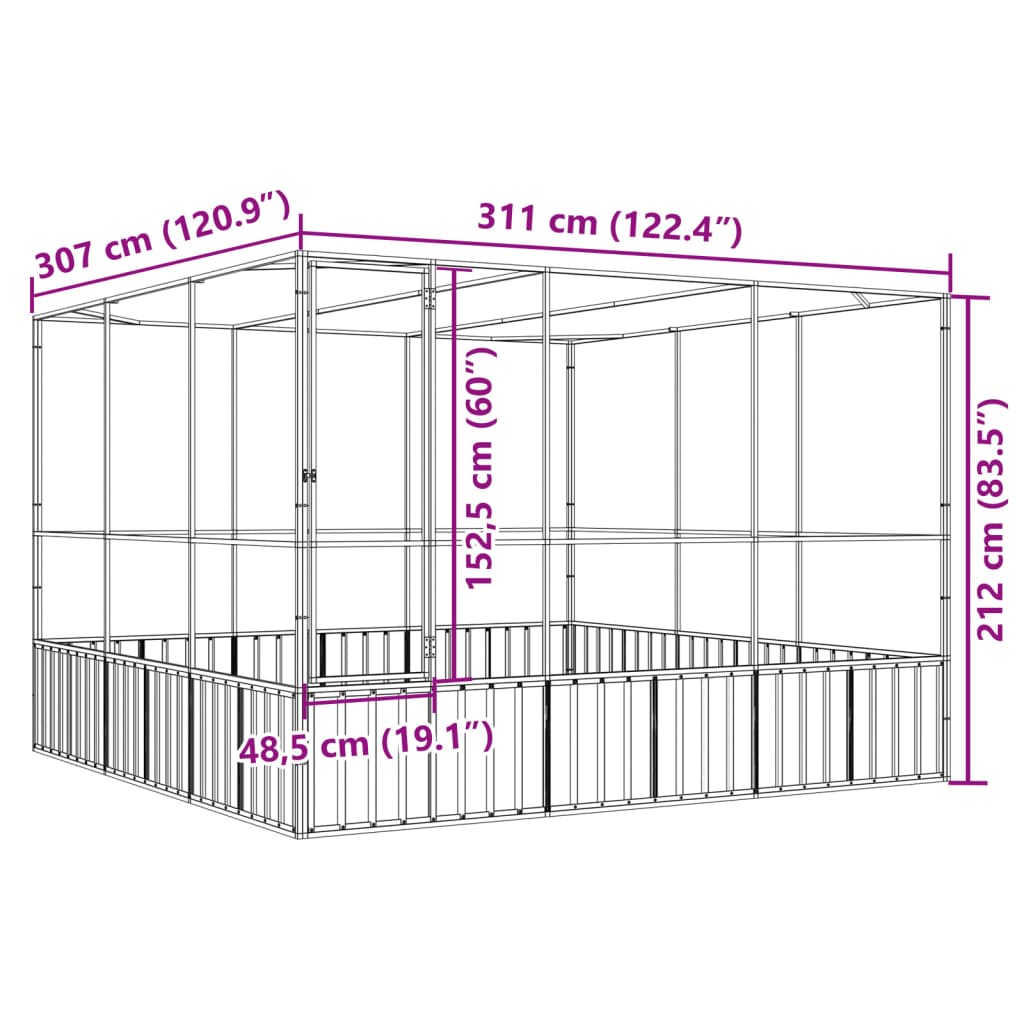 voliere 311x307x212 cm stål sølvfarvet