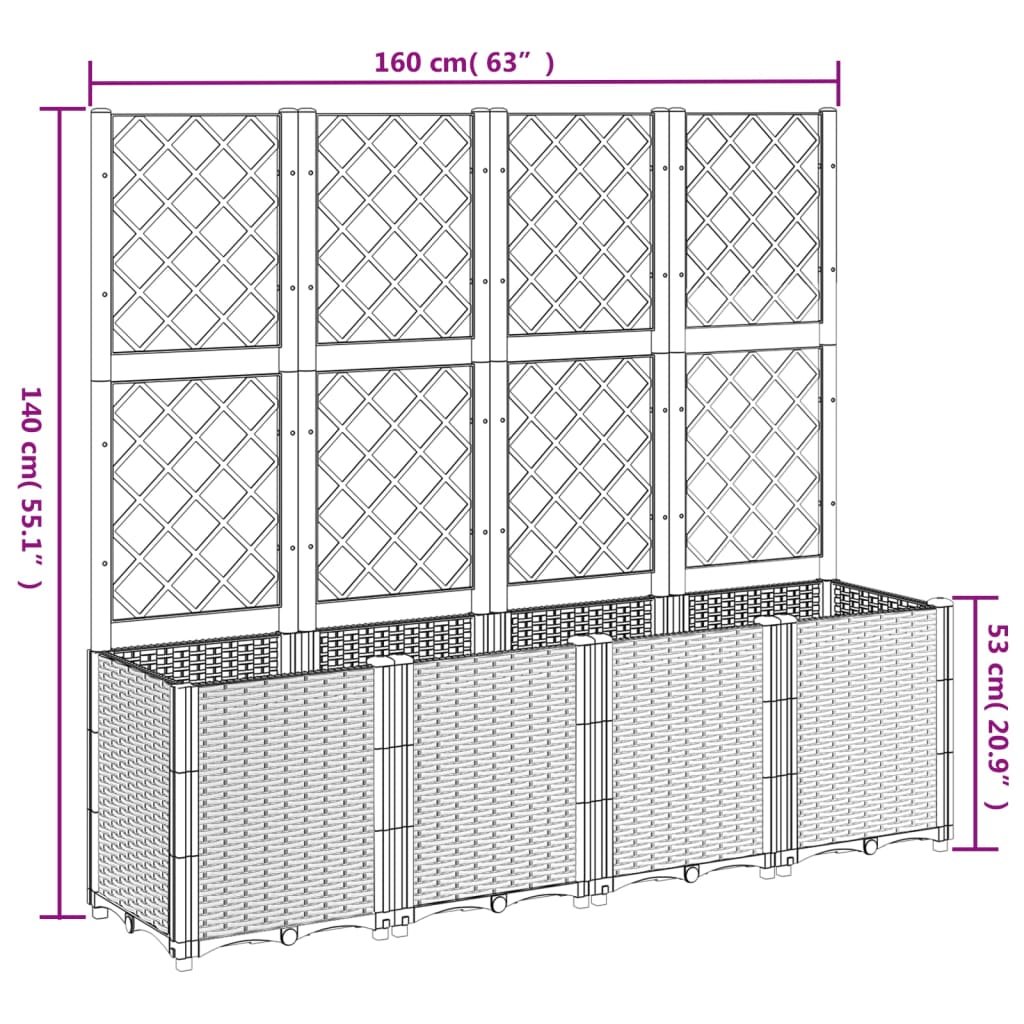 plantekasse med espalier 160x40x140 cm PP lysegrå