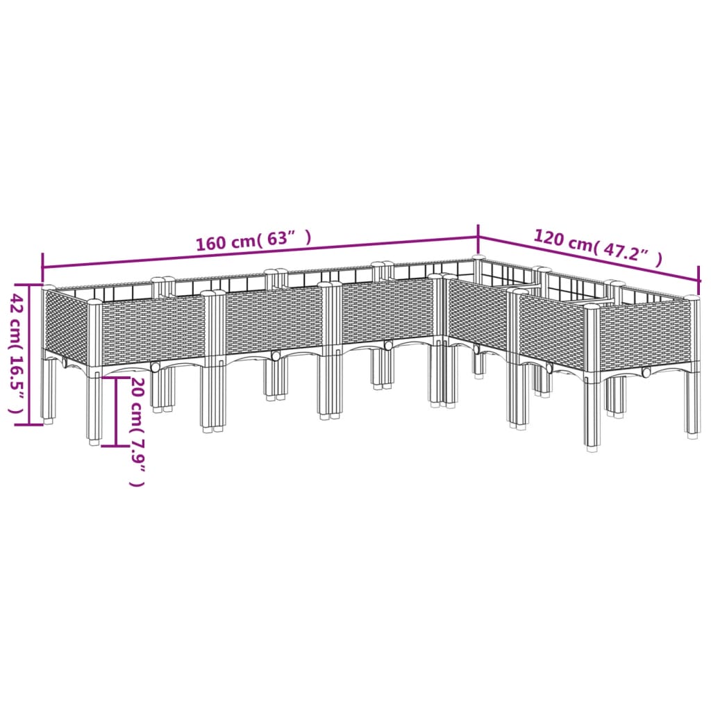 plantekasse med ben 160x120x42 cm PP brun