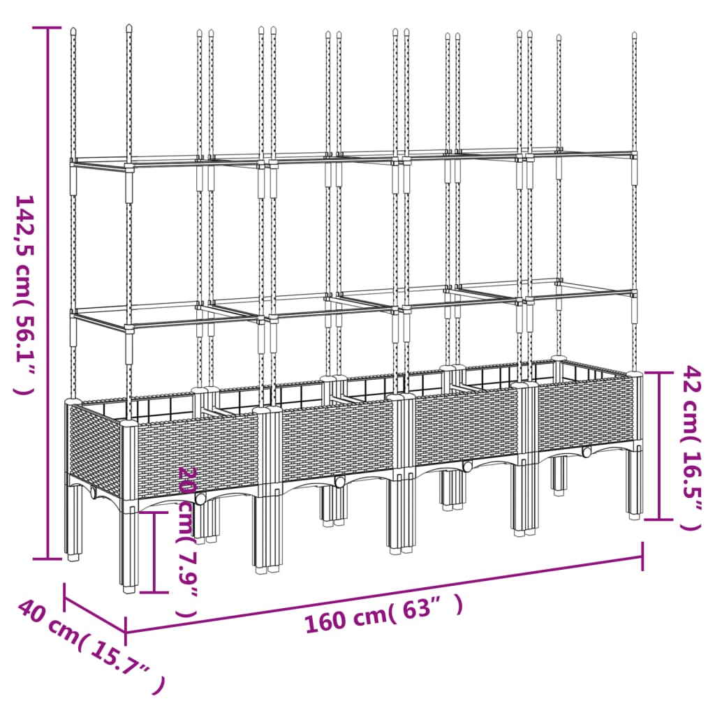 plantekasse med espalier 160x40x142,5 cm PP blågrå