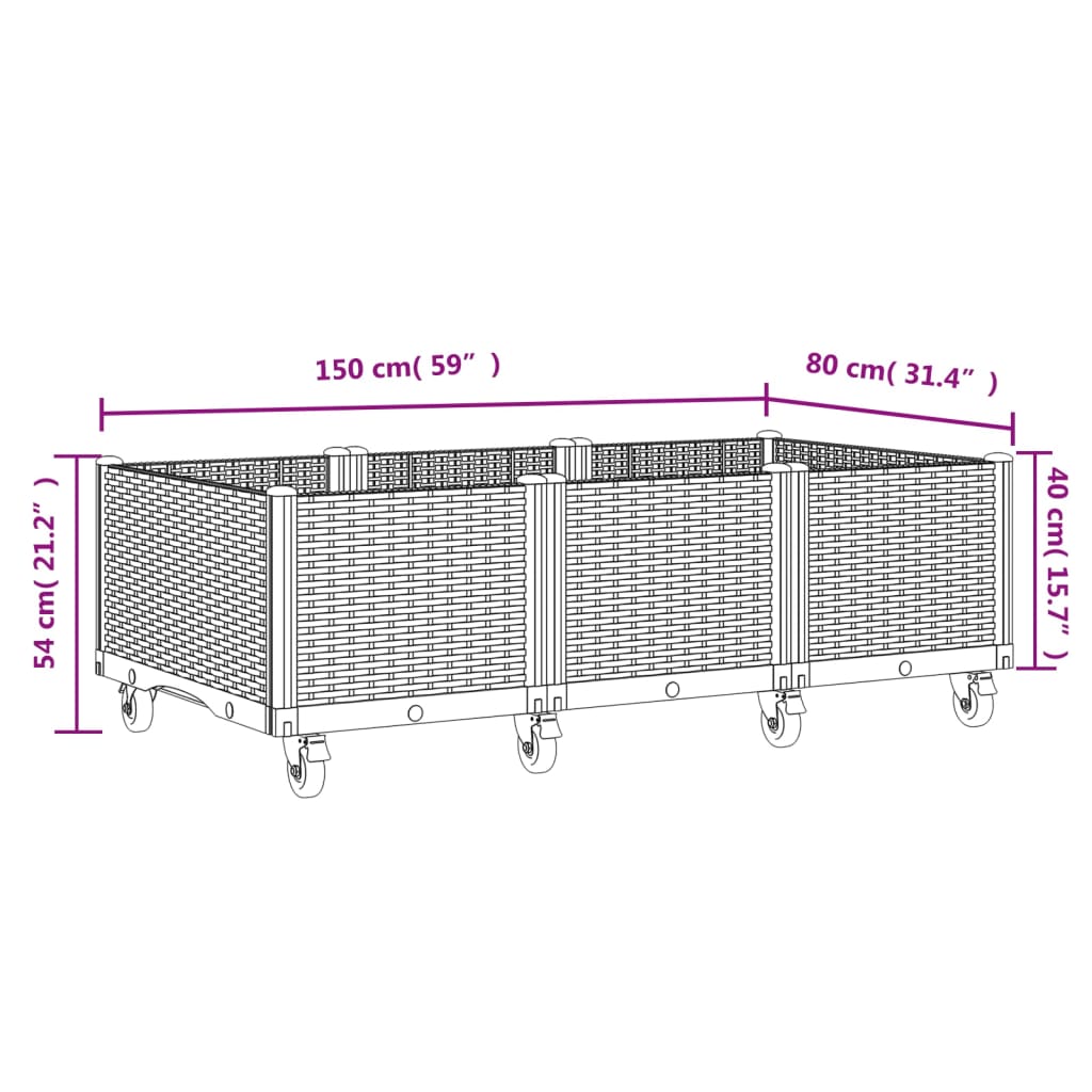 plantekasse med hjul 150x80x54 cm PP sort