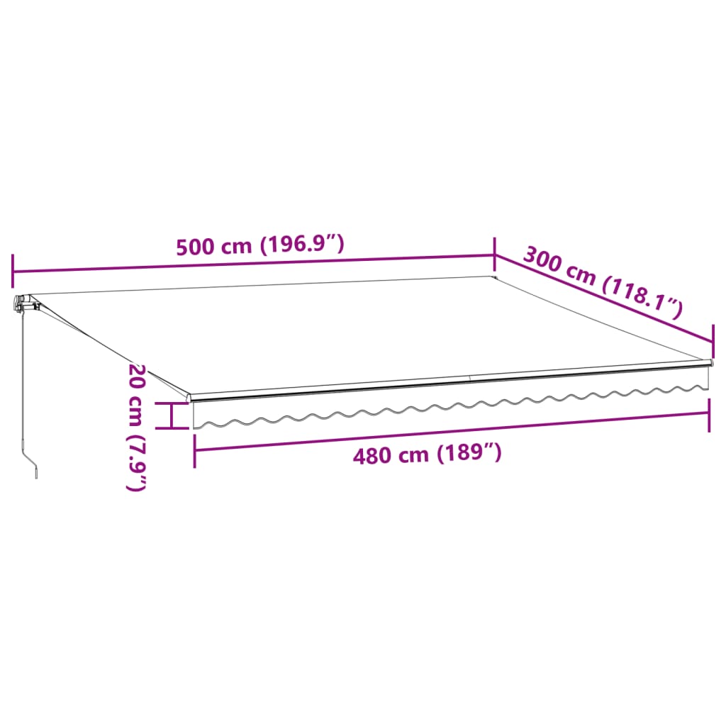 markise med LED-lys 500x300 cm manuel betjening bordeauxfarvet