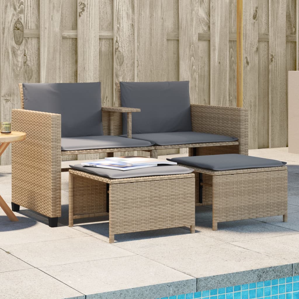 2-personers havesofa med bord og skamler polyrattan beige