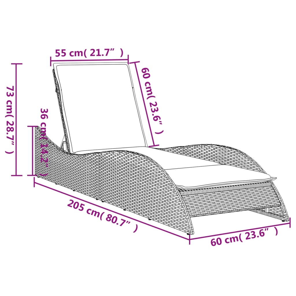 liggestol med hynde 60x205x73 cm polyrattan sort