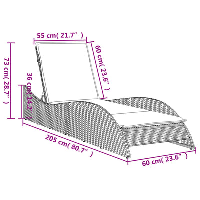 liggestol med hynde 60x205x73 cm polyrattan brun