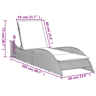 liggestol med hynde 60x205x73 cm polyrattan grå