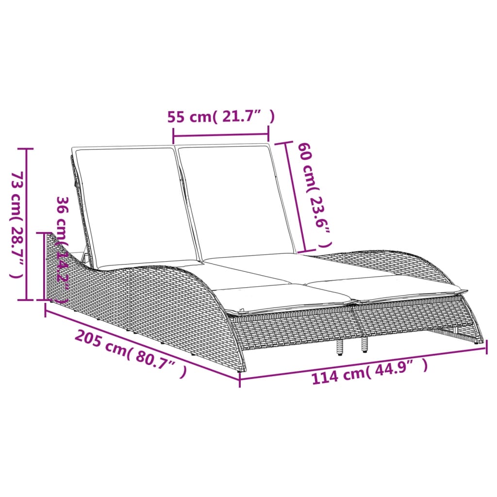 liggestol med hynder 114x205x73 cm polyrattan grå