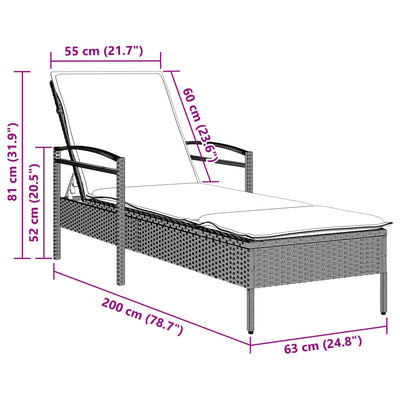 liggestol med hynde 63x200x81 cm polyrattan lysegrå