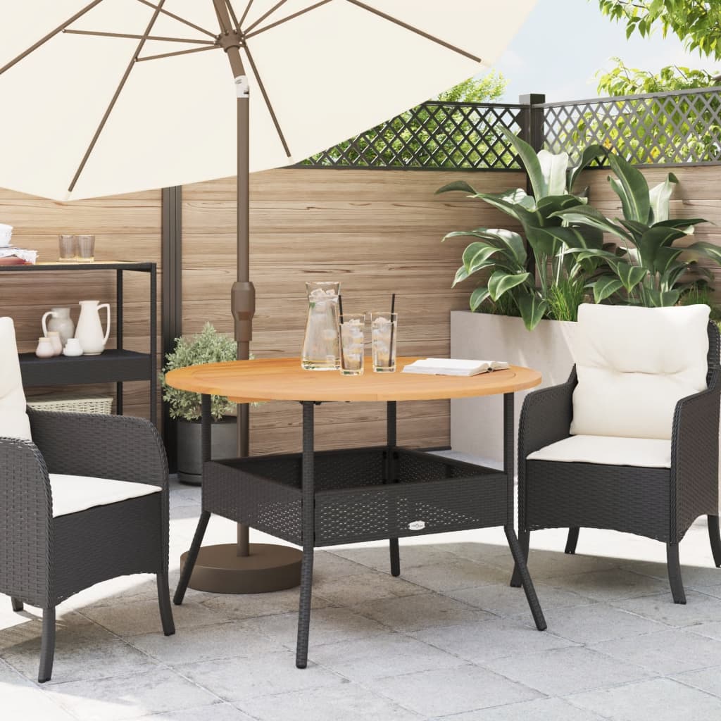 havebord med akacietop Ø110x71 cm polyrattan sort