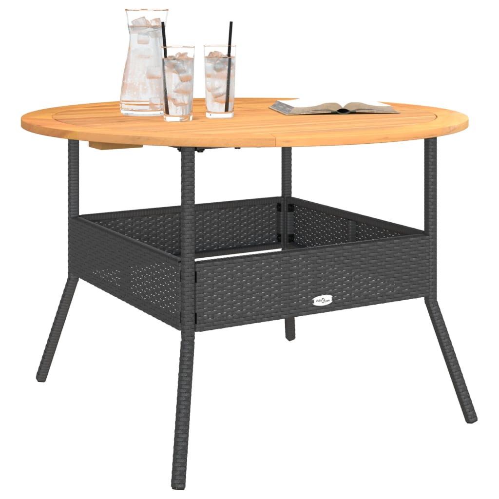 havebord med akacietop Ø110x71 cm polyrattan sort