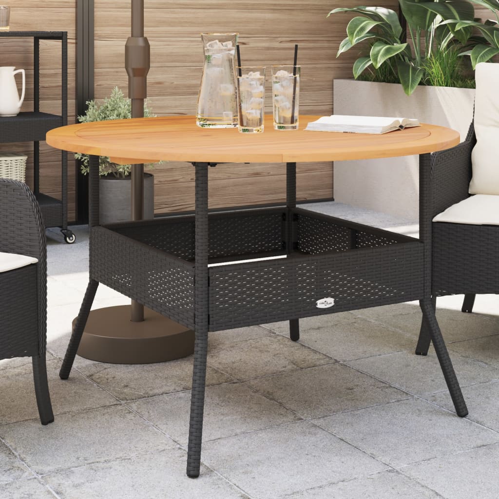 havebord med akacietop Ø110x71 cm polyrattan sort