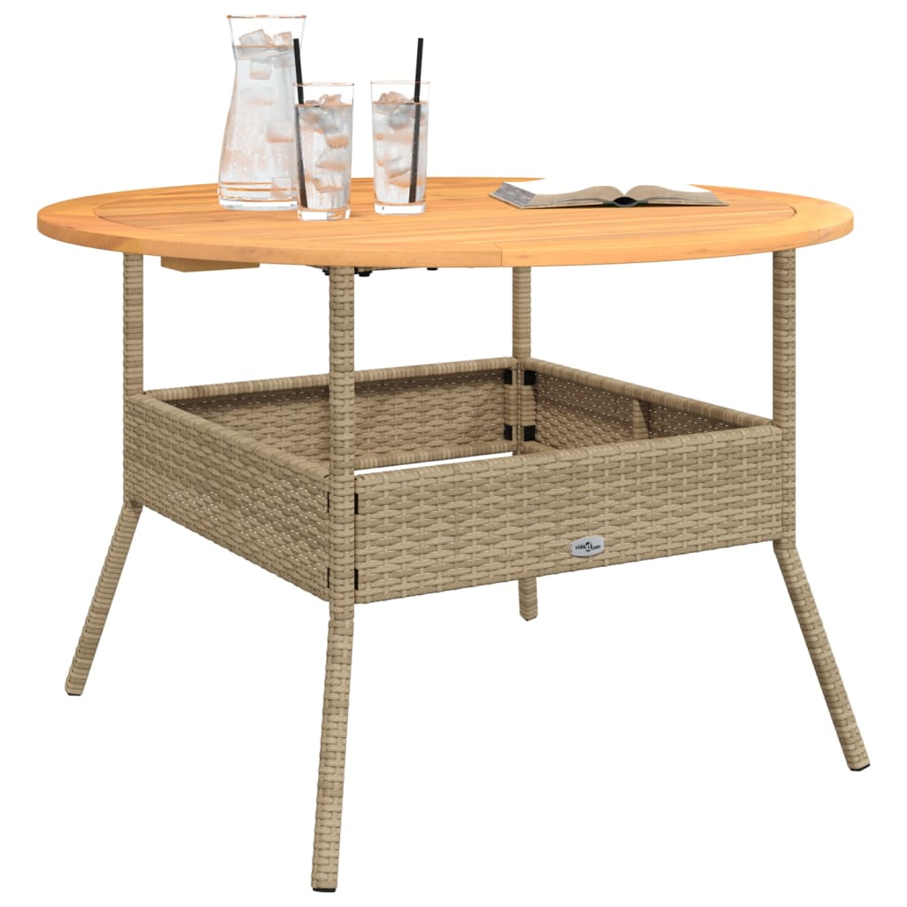 havebord med akacietop Ø110x71 cm polyrattan beige