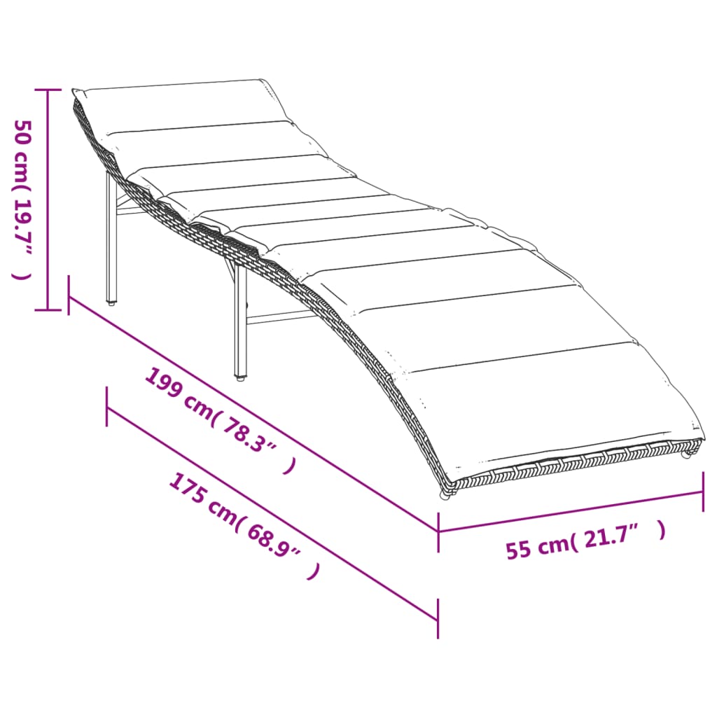 liggestol med hynde 55x199x50 cm polyrattan grå