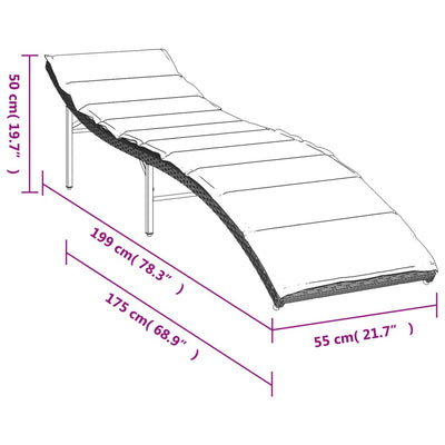 liggestol med hynde 55x199x50 cm polyrattan lysegrå