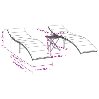 liggestole 2 stk. med bord polyrattan sort