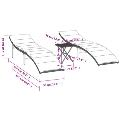 liggestole 2 stk. med bord polyrattan lysegrå