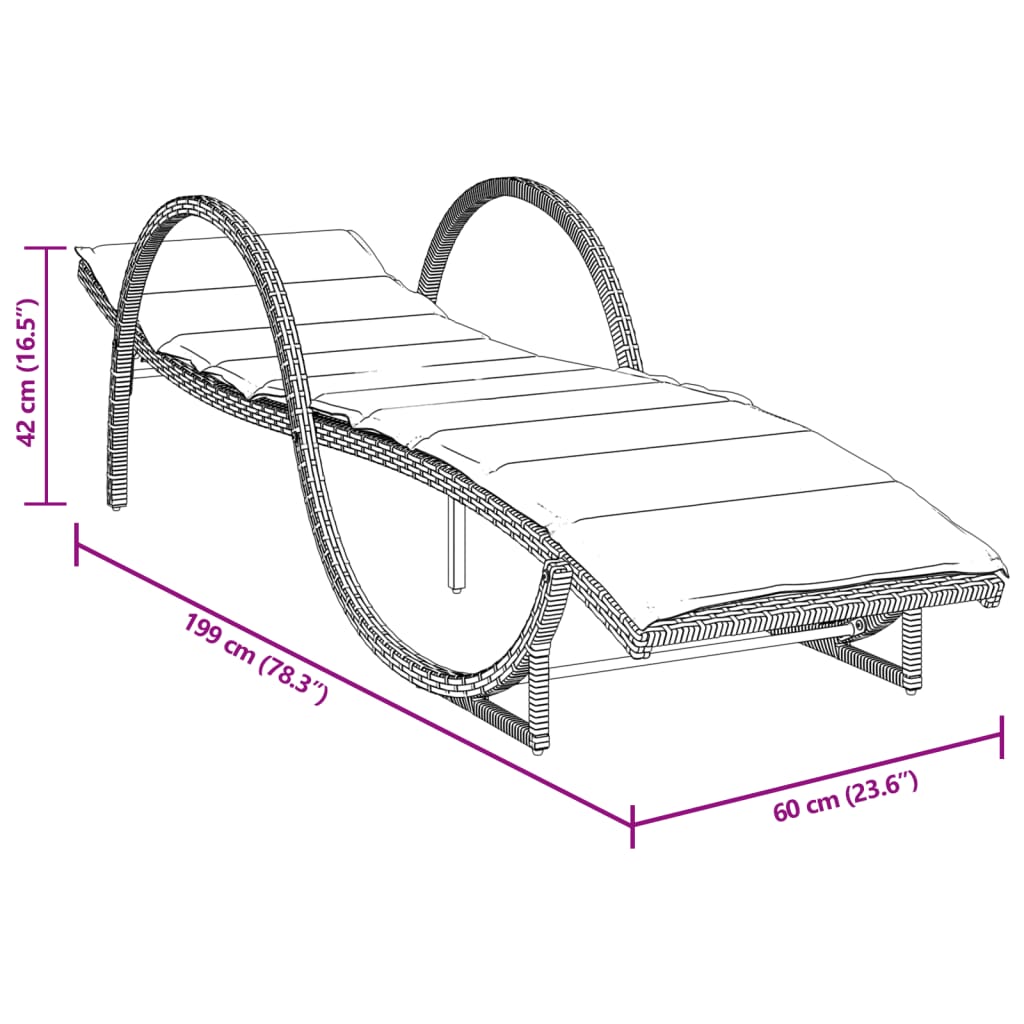 liggestol med hynde 60x199x42 cm polyrattan sort