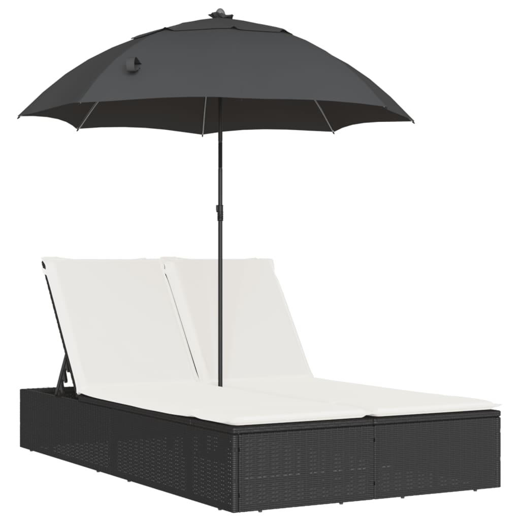 dobbelt loungesofa med hynder og parasol polyrattan sort