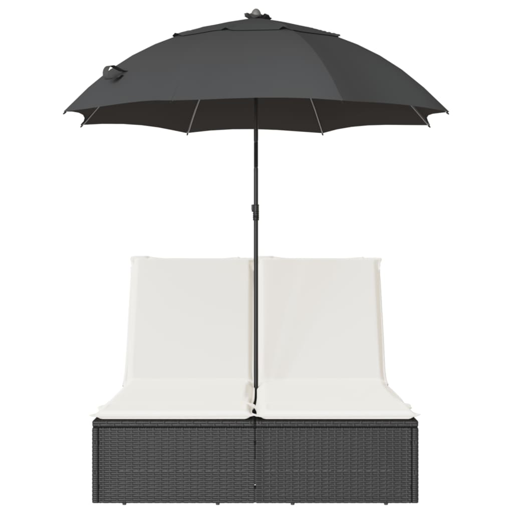 dobbelt loungesofa med hynder og parasol polyrattan sort