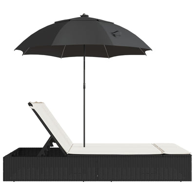 dobbelt loungesofa med hynder og parasol polyrattan sort