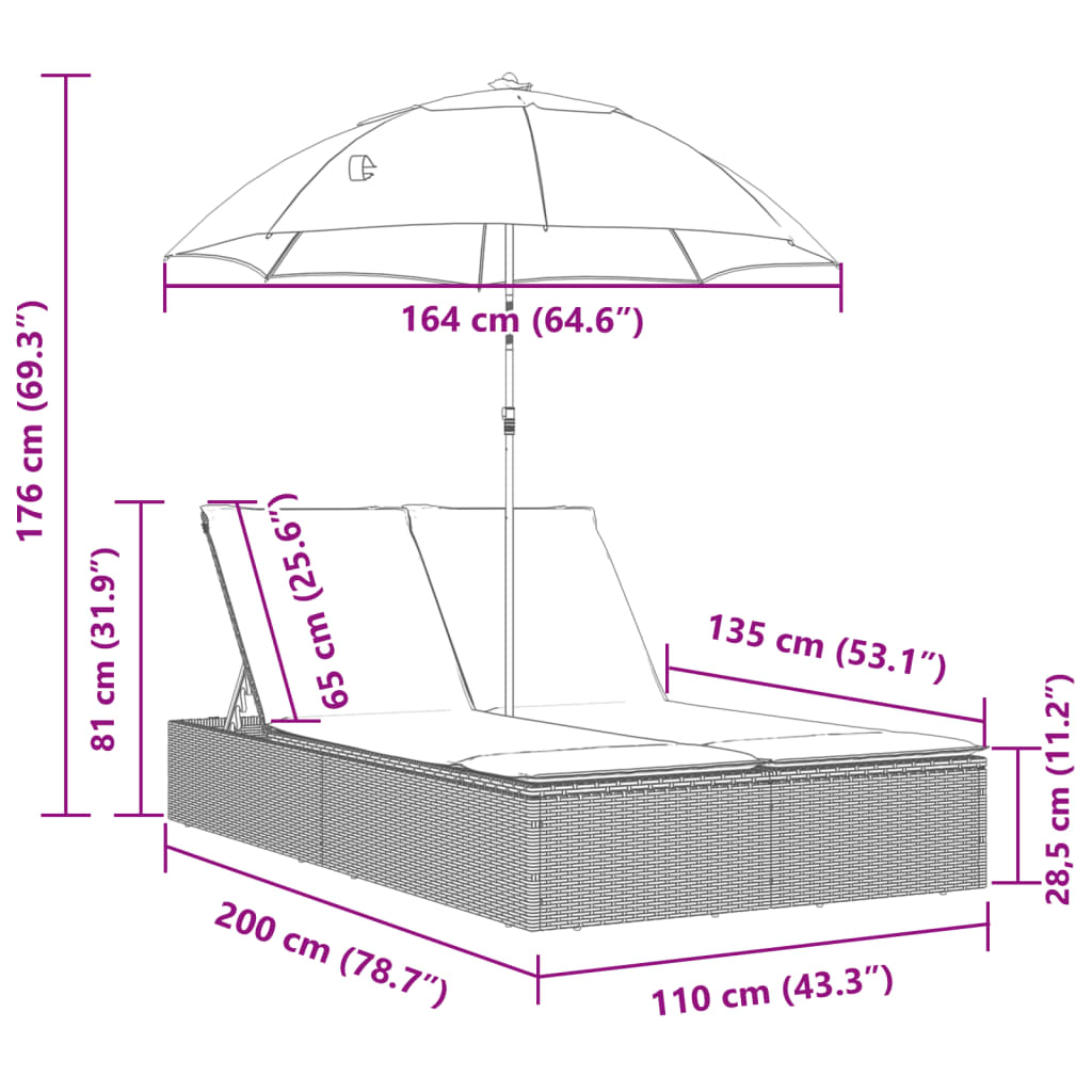 dobbelt loungesofa med hynder og parasol polyrattan sort