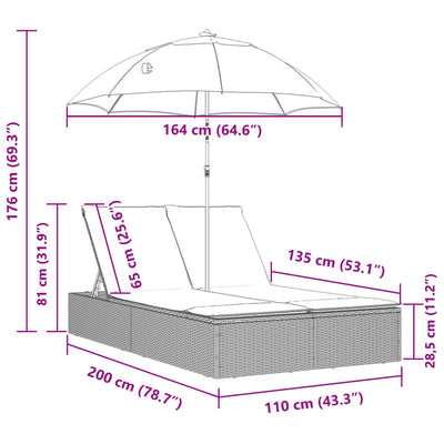 dobbelt loungesofa med hynder og parasol polyrattan sort