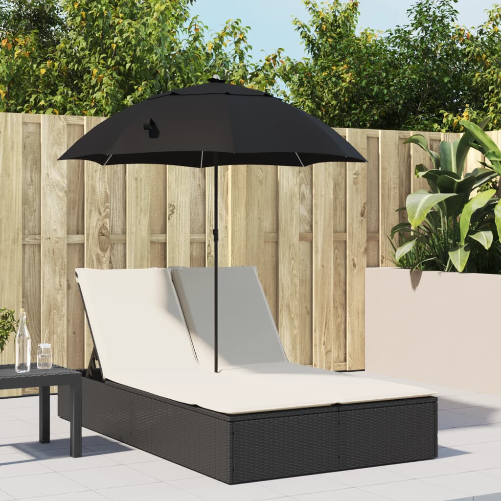 dobbelt loungesofa med hynder og parasol polyrattan sort