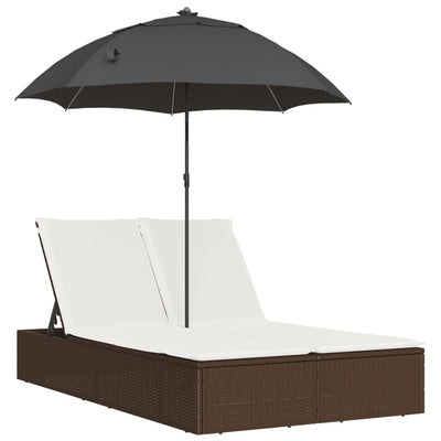 dobbelt loungesofa med hynder og parasol polyrattan brun