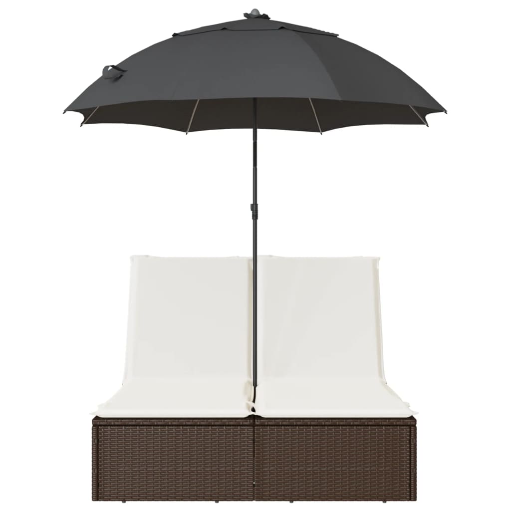 dobbelt loungesofa med hynder og parasol polyrattan brun