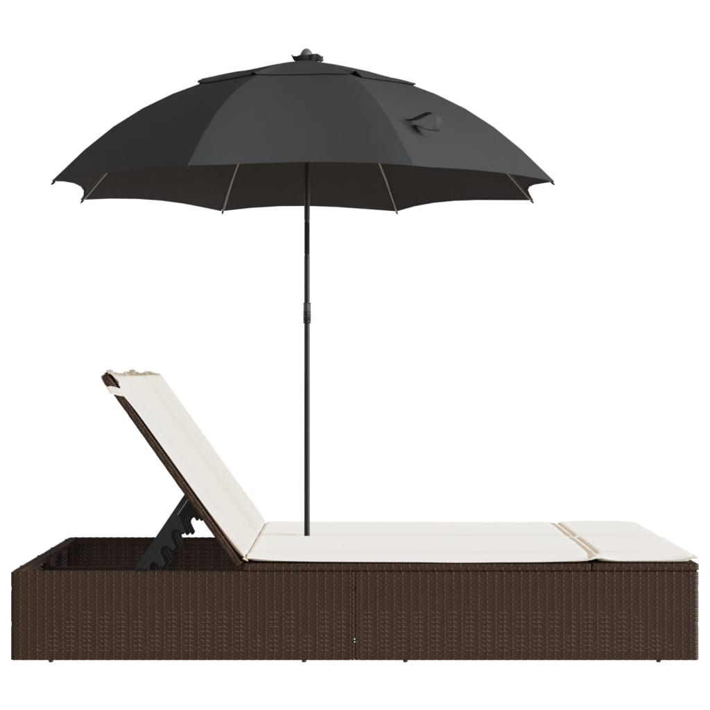 dobbelt loungesofa med hynder og parasol polyrattan brun